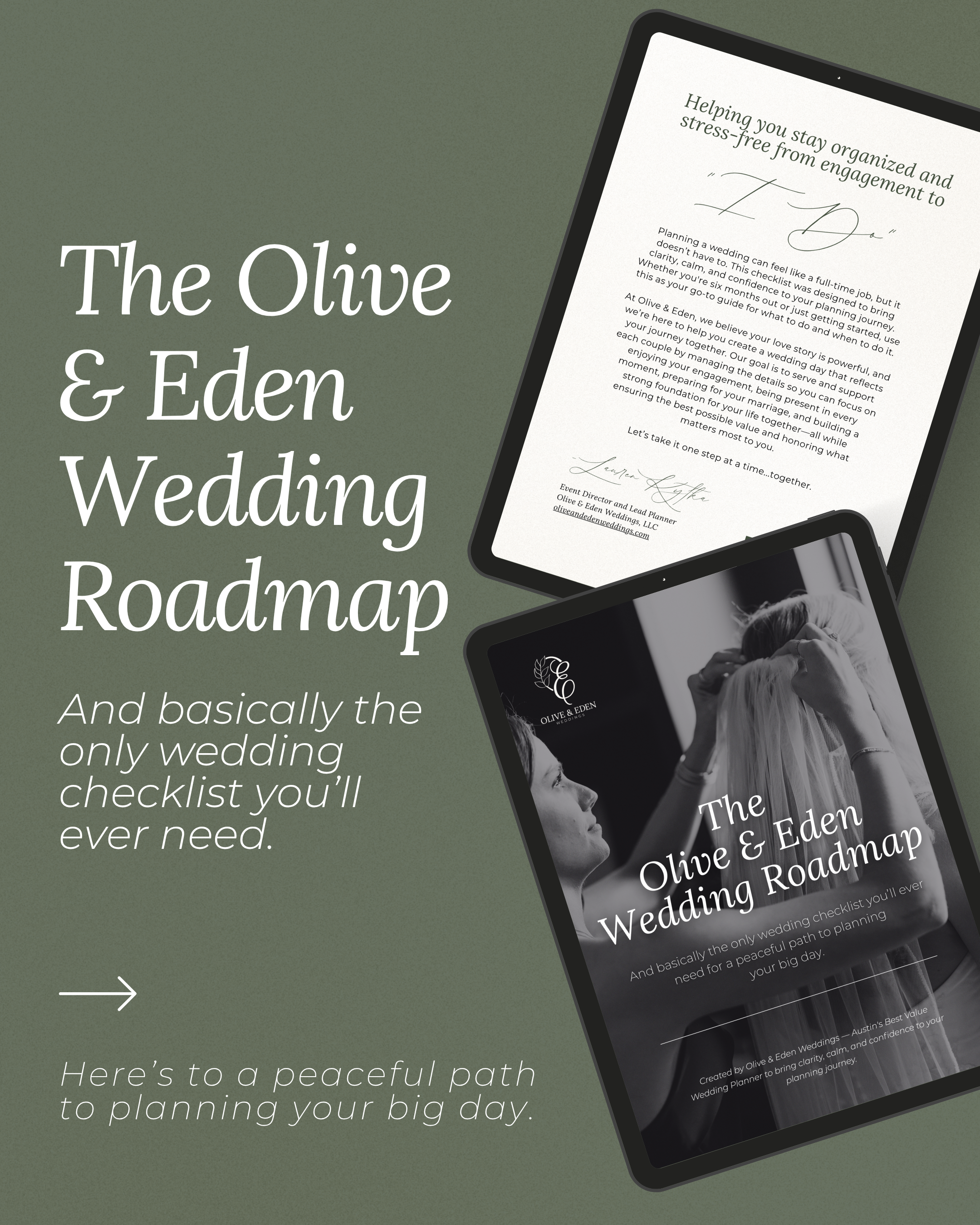 Mockup of The Olive & Eden Wedding Roadmap PDF, a free wedding planning checklist for a peaceful and organized experience.