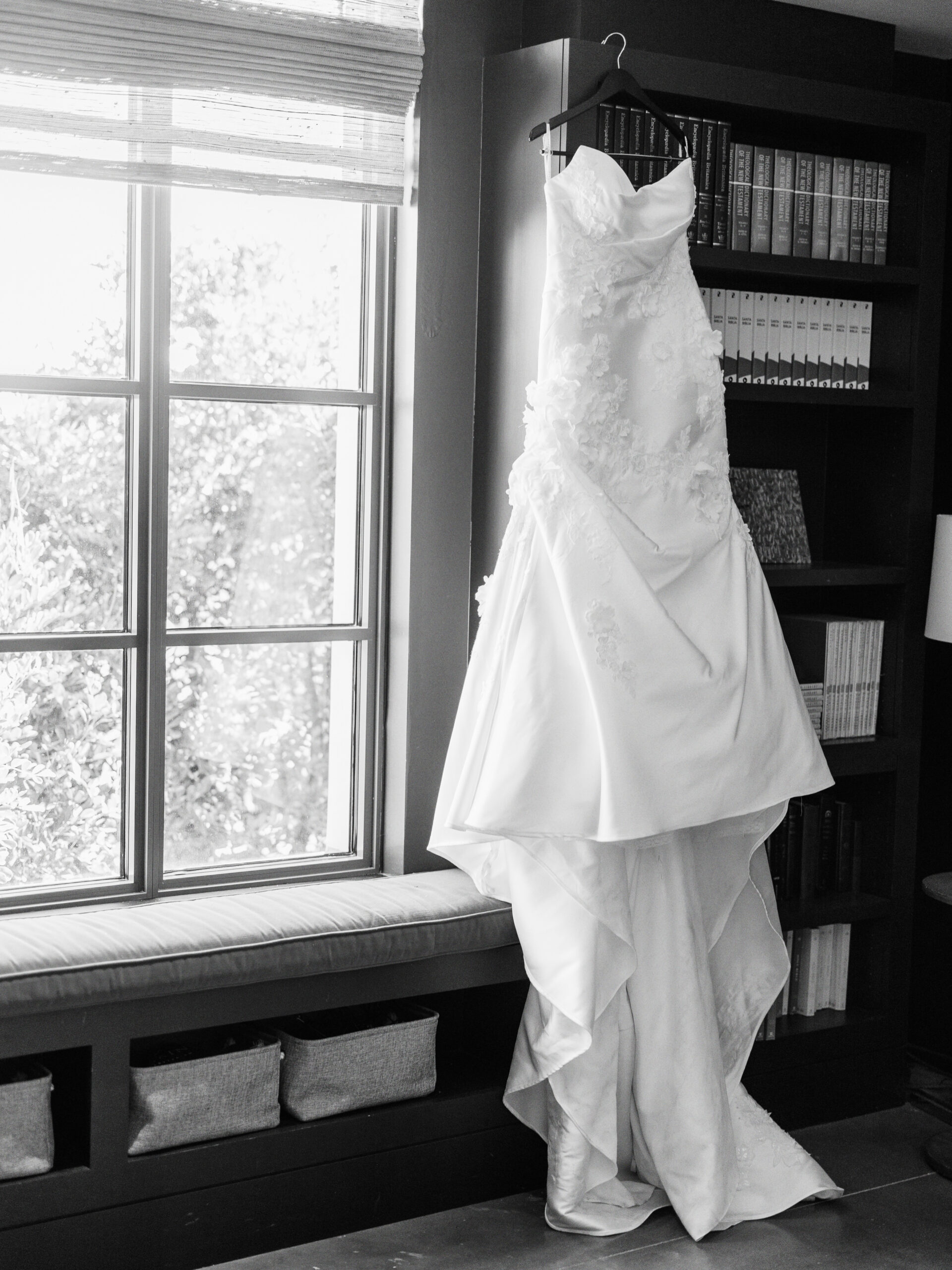 Artistic black and white photo of a beautiful wedding dress hanging by a window, symbolizing the dream day with Olive & Eden.